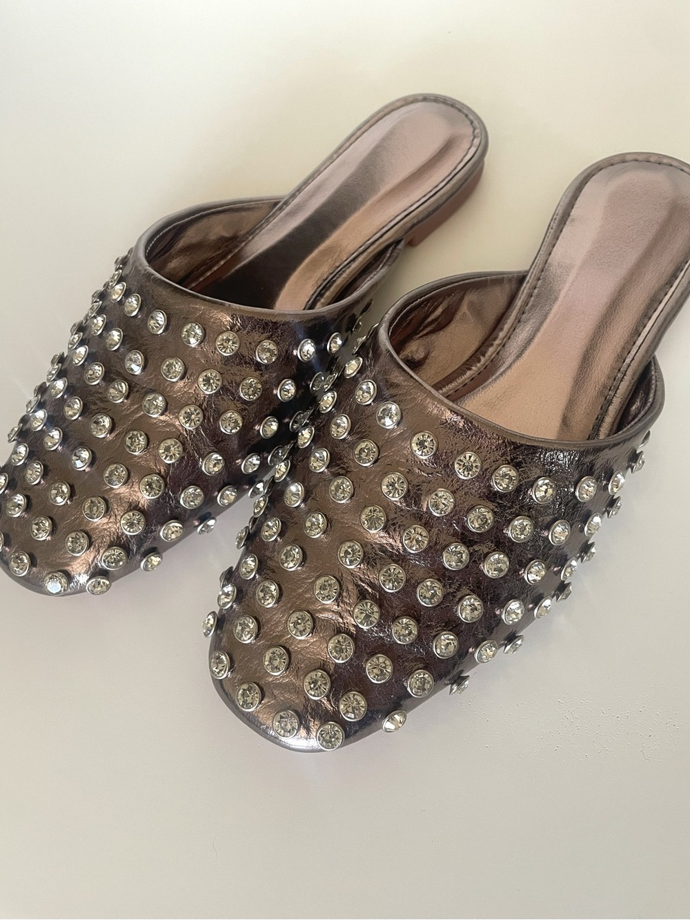 New! Luxe studded metallic pewter slip-on dress mules